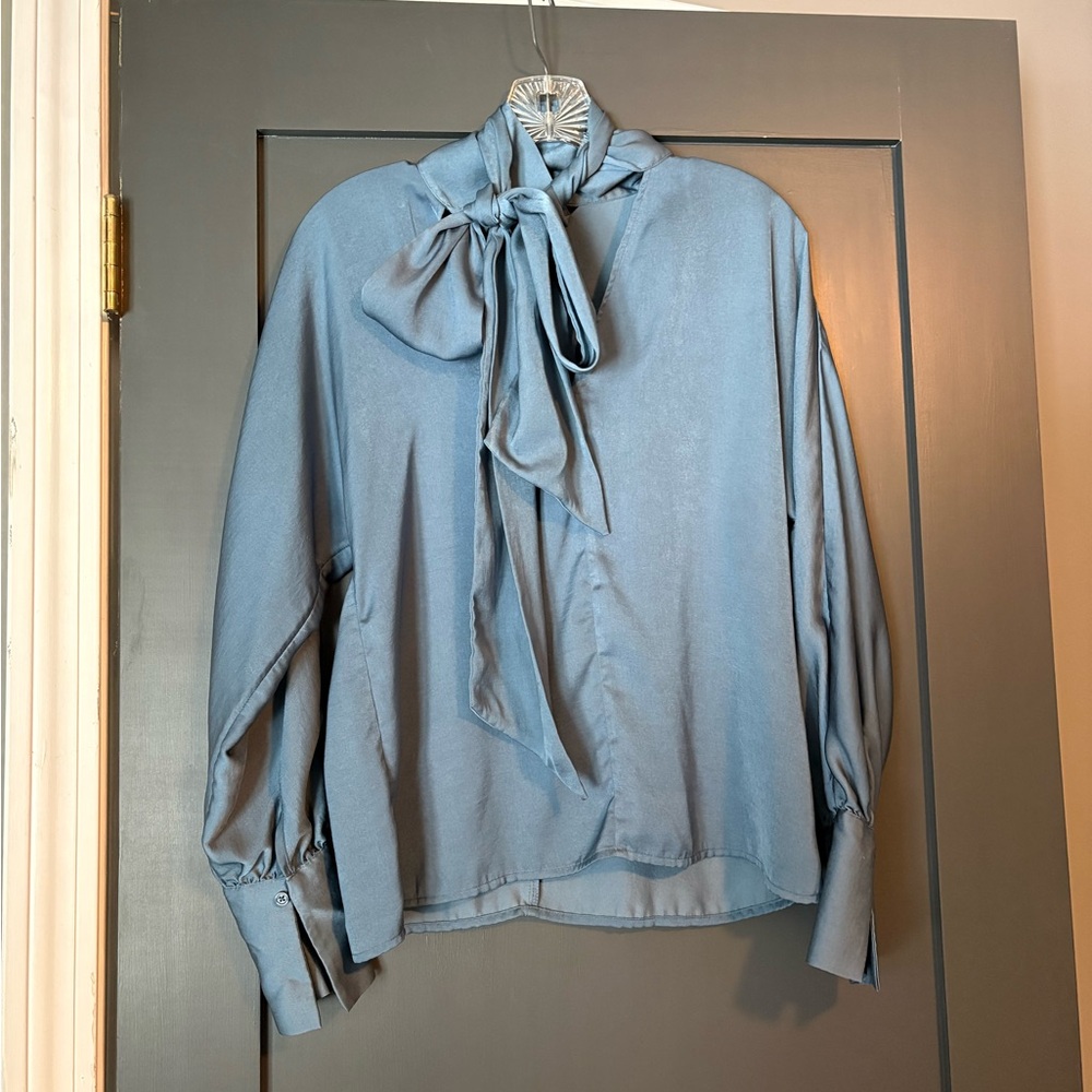 Banana Republic Factory Slate Blue Tie-Neck Blouse